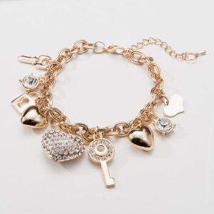 Heart charm bracelet with crystals keys hearts 7” + 2” extend